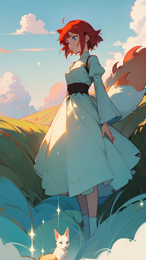 A giant white fox with a red tail and blue eyes, a girl with a vegetable dress and short red hair and white skin is standing next to the fox, both of them are standing on a green hill and staring at the big plain in front of them, in the style of Ghibli anime colors. Sparkling cumulus clouds