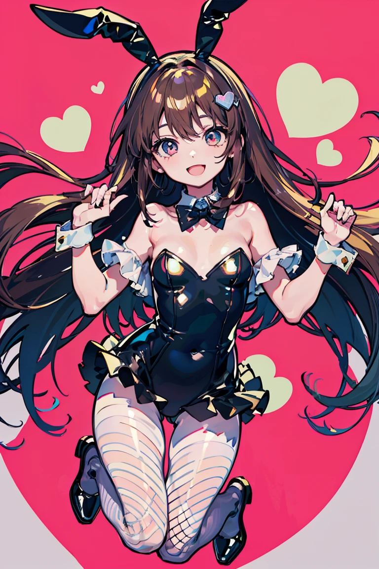 1 girl, sweets, (Bunny girl), (piece), Kissing Face, Pop atmosphere, cute, Long Hair, Brown Hair, (hair ornaments), Vivid expression, Bright smile, ribbon, tights, Shiny garments ,beautiful brown eyes in every detail, (Heart shaped eyes), Pastel pink background,18-year-old, Colorful Hair, Straight hair, beautiful, Shining Eyes, Romanticism, modern art, Impressionism, reflected light, 8k, masterpiece, Advanced Details, Highest quality, Accurate anatomy