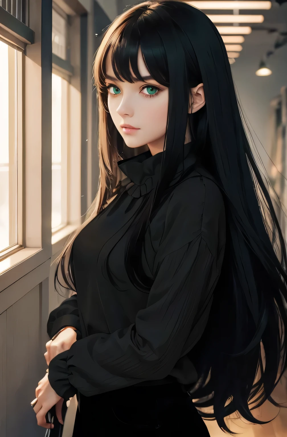 artwork、maximum quality、high resolution、high-quality images、8K,  アニメ, standing alone, blackquality hair, long hair, winter clothing, gorgeous green eyes, well drawn eyes, black eyeliner, long black pants, blusa de algodão preta de manga comprida com stylised risca estofado, tall woman, period clothes, thick blouse with high collar, blouse over pants very straight hair, very green eyes, Good clothes, Men&#39;stylised, voluptuous body, medieval fantasy, recatada, long clothing, black backdrop