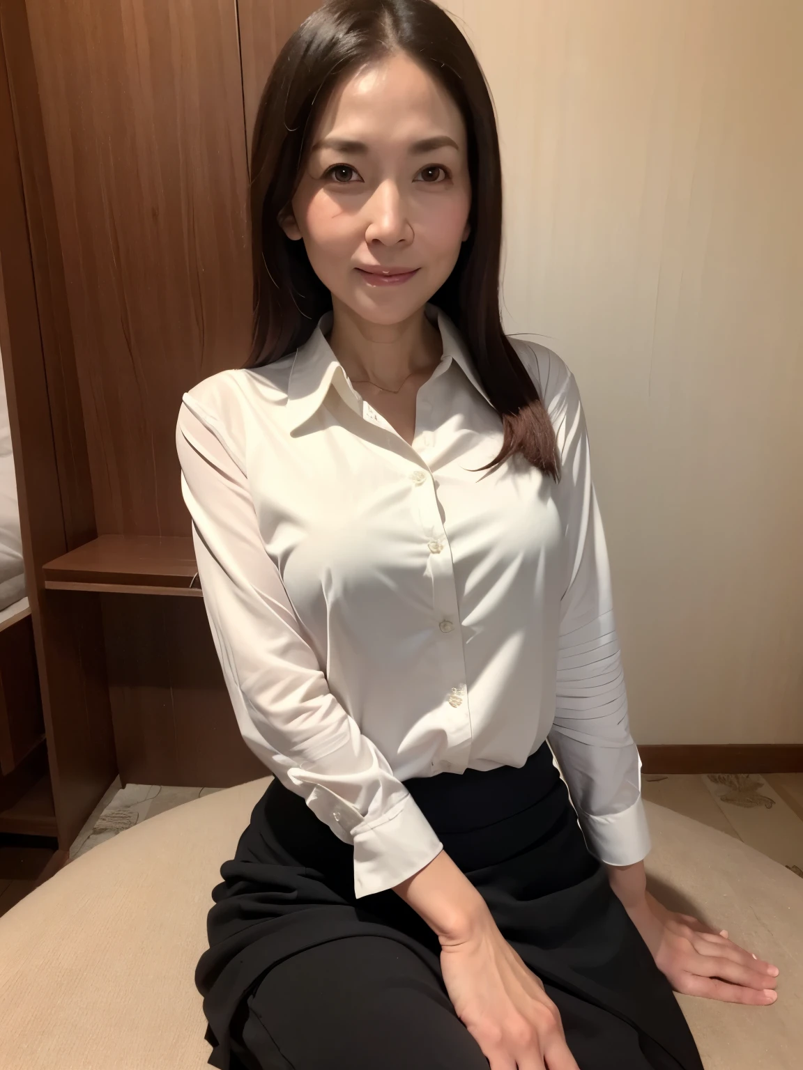 Highest quality, 8K, masterpiece, 1 female, 45 years old, Long Hair, Straight Hair, Dress shirt, Black Skirt, Sit facing forward, Good posture, sexy, (View your audience), Delicate eyes, Detailed skin texture, smile, RAW Photos, Bright hotel room, Place your arms between your legs