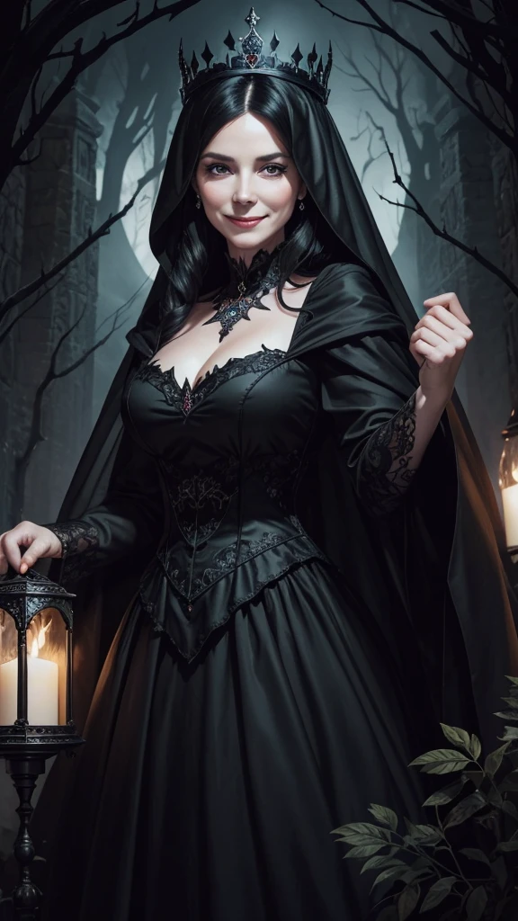 “An illustration of a 40-year-old queen wearing a black dress, with a malicious and mischievous smile, in the style of Grimm’s fairy tales. The overall atmosphere is eerie, and she is turning sideways while only her eyes are looking towards the viewer.”