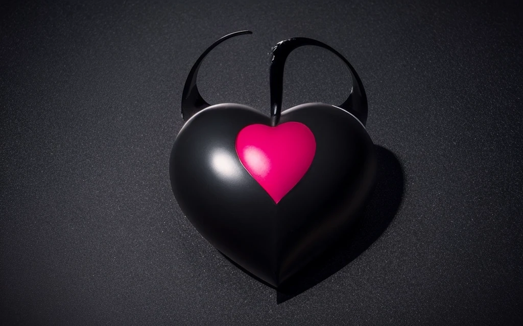 Create a 3D image of a black heart with devil horns and a tail. The heart should look three-dimensional using shadows and highlights to give it depth. Add texture to the surface of the heart for more realism. Use color gradients to enhance the volume effect. Add slight reflections on the horns and tail to create a shiny effect. Set a contrasting background to emphasize the volume and shape of the heart