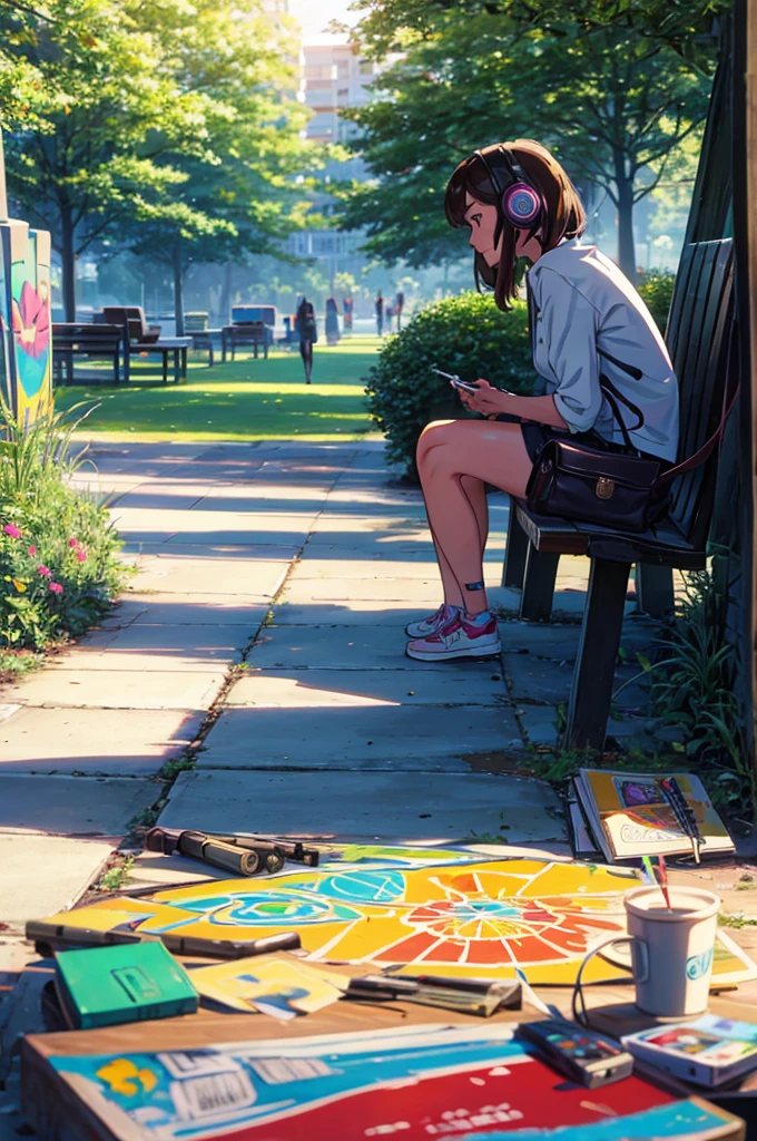 On a sunny afternoon in the city park, Meet Sofia, a young street artist. She's sitting on a wooden bench, surrounded by her work tools: colorful spray cans and an open sketchbook next to you. Her long brown hair falls softly over her shoulders as she is focused on creating a new piece of urban art..

Sofia is not using headphones, mas sim um headset vintage, that complements your bohemian and modern style. The headset gently hugs her ears as she listens to lo-fi music through her smartphone, which is resting next to the sketchbook. She occasionally bobs her head in time to the beat, finding inspiration in music as you paint your vibrant creations on the walls around the park.

Around Sofia, people walk calmly, enjoying the sun and admiring your art in progress. The environment is alive with color and movement, reflecting the creative energy she brings to public space.

As the music continues to play, Sofia smiles to herself, absorbing the park atmosphere and transforming it into urban art. This scene not only captures her natural beauty and unique style, but also his passion for lo-fi music and artistic expression that resonates with those who pass through the park.