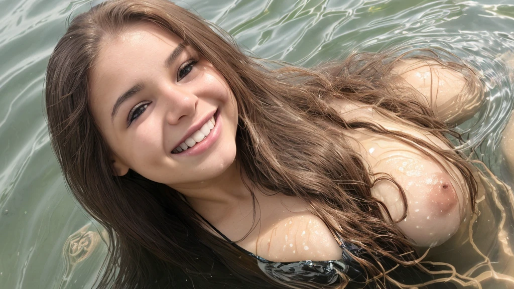 view from front(high detail face) gorgeous adorable medium-tits  brown-haired Brazilian sexpot(long hair) 20 years sitting in front of viewer in water on lake, early autumn weather,  yellow string bikini, smiling