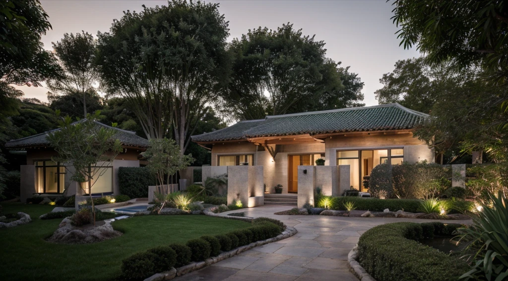 outdoor house, Well-pruned green trees, royal garden,grass yard,beige wall, sloped roof,wood and glass door, (night:1.2),(northen light), beautiful landscape, stream in front of house, in the bamboo forest, RAW photo, 8k uhd, dslr, soft lighting, high quality, film grain, Fujifilm XT3, (indoor lighting),