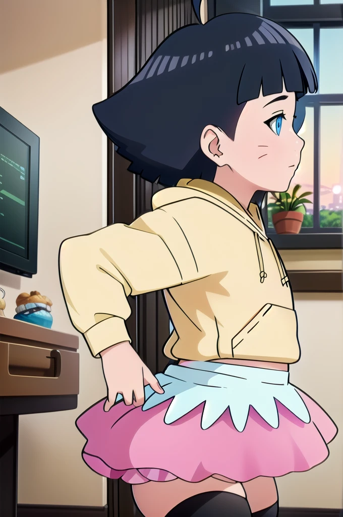 1girl, himawari, tight yellow hoodie, short pink skirt, tight black stockings, thick and juicy thighs, round and extremely fleshy ass cheeks, wide hips, indoors, masterpiece, best quality, detailed  