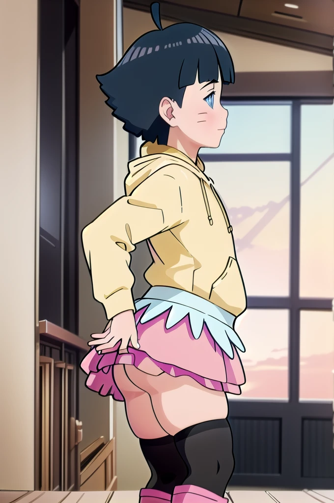 1girl, himawari, tight yellow hoodie, short pink skirt, tight black stockings, thick and juicy thighs, round and extremely fleshy cheeks, wide hips, indoors, masterpiece, best quality, detailed