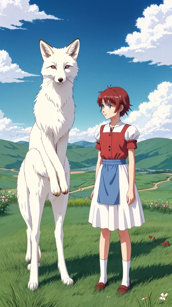 A giant white fox with a red tail and blue eyes, a girl with a vegetable dress and short red hair and white skin is standing next to the fox, both of them are standing on a green hill and staring at the big plain in front of them, in the style of Ghibli anime colors. Sparkling cumulus clouds