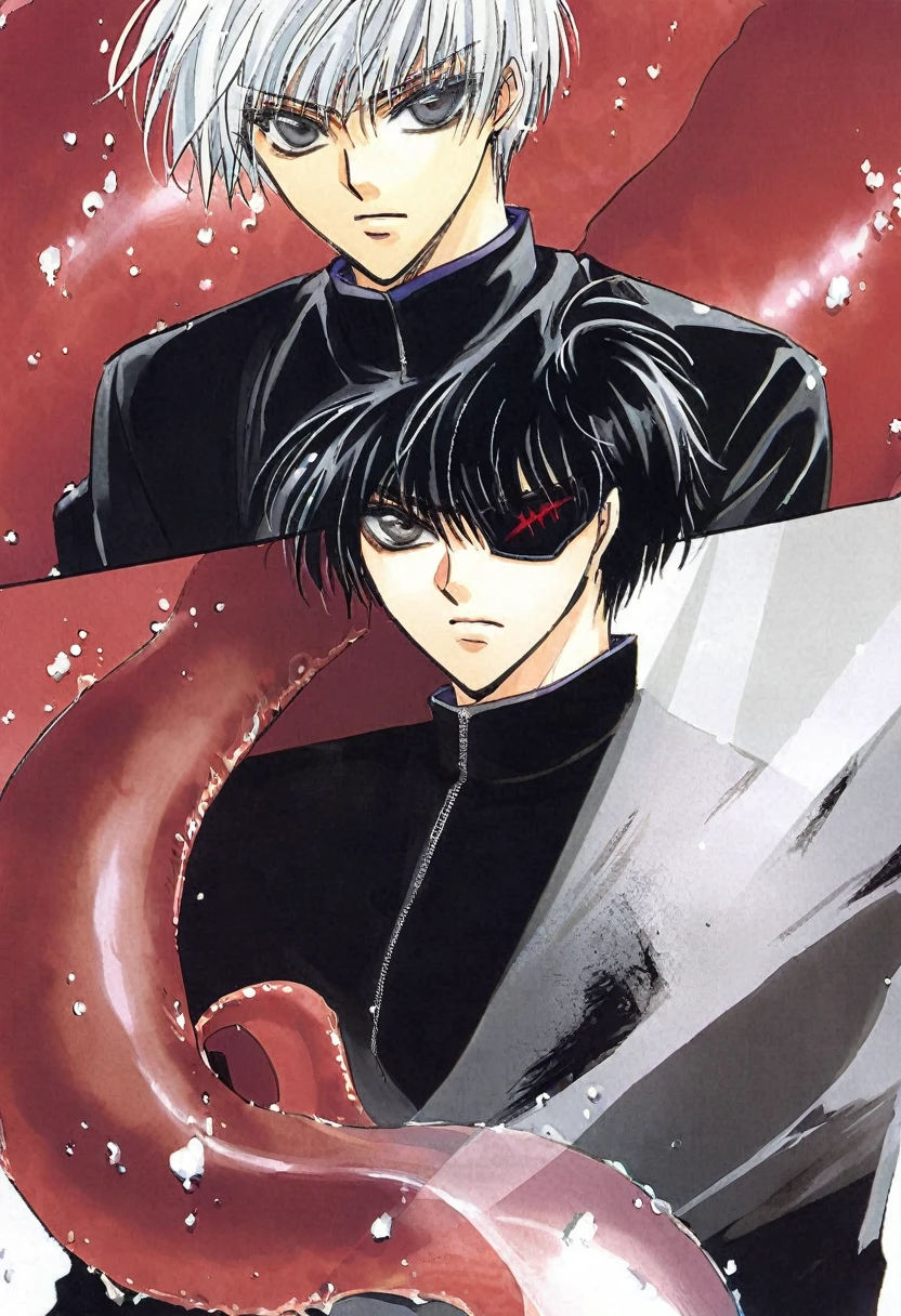 ```
Ken Kaneki, Tokyo Ghoul, white hair, black outfit, eyepatch, half-ghoul, serious expression, red kakugan eye, kagune tentacles, detailed face, high quality
```