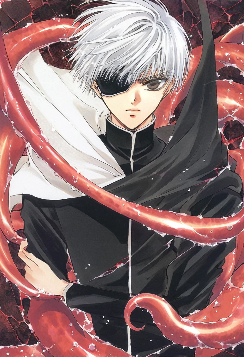 ```
Ken Kaneki, Tokyo Ghoul, white hair, black outfit, eyepatch, half-ghoul, serious expression, red kakugan eye, kagune tentacles, detailed face, high quality

```