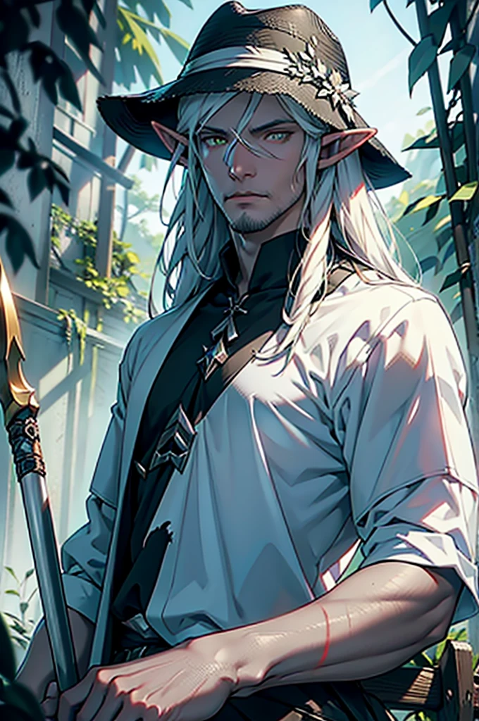 masterpiece, noise suppression, void noise, one male elf, Best quality, permission 8k, male focus, sharp image, just concentrate, stunning composition, volumetric lighting, super quality, Very detailed, fantasy, adult male elf with long white hair, Cold, dead man with pale skin, with a short white beard, yellow eyes, cadaveric spots, Mad, in a torn shirt and pants, in blood, with scythe in her hands, straw hat