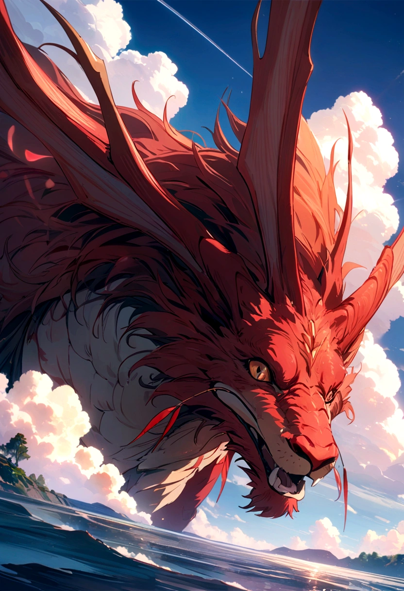Best quality, 8 k, mythical red dragon flies in a clear sky towards the sun, scene with clouds, PC Wallpaper,