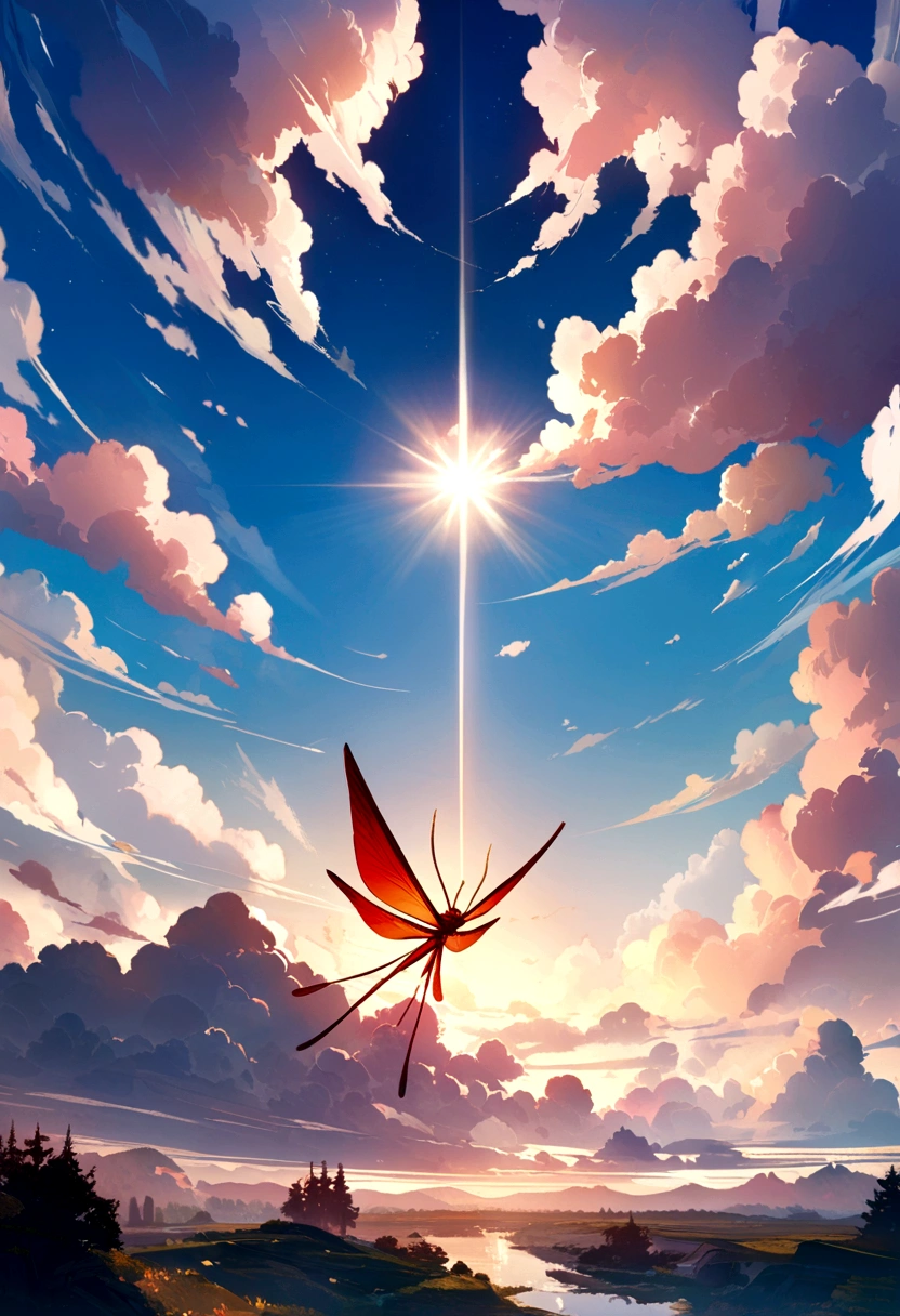 Best quality, 8 k, mythical red dragon flies in a clear sky towards the sun, scene with clouds, PC Wallpaper,