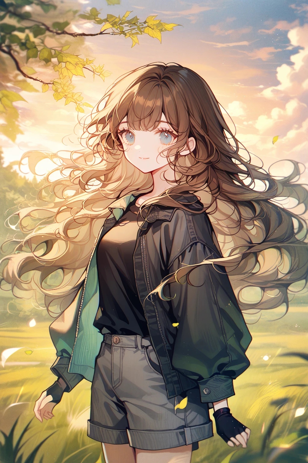 by ttosom, 1 girl, CuteStyle, blue eyes, brown hair, long hair with bangs, flowing hair, upper body, dressed in a black T-shirt and gray shorts, black fingerless gloves, black denim jacket unbuttoned with long sleeves, standing in a field, grass, trees on the horizon, beautiful clouds, sunset, rays of the sun, specks of dust in the air, petals of green leaves, wind, light, looking at the viewer, a small smile, calm gaze, detailed, beautiful, blurred background, delicate tones
