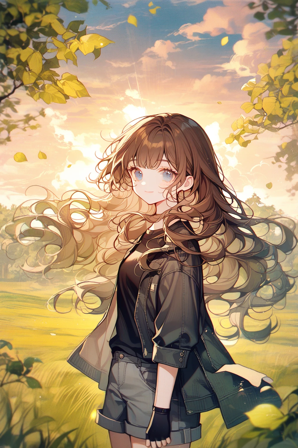 by ttosom, 1 girl, CuteStyle, blue eyes, brown hair, long hair with bangs, flowing hair, upper body, dressed in a black T-shirt and gray shorts, black fingerless gloves, black denim jacket unbuttoned with long sleeves, standing in a field, grass, trees on the horizon, beautiful clouds, sunset, rays of the sun, specks of dust in the air, petals of green leaves, wind, light, looking at the viewer, a small smile, calm gaze, detailed, beautiful, blurred background, delicate tones