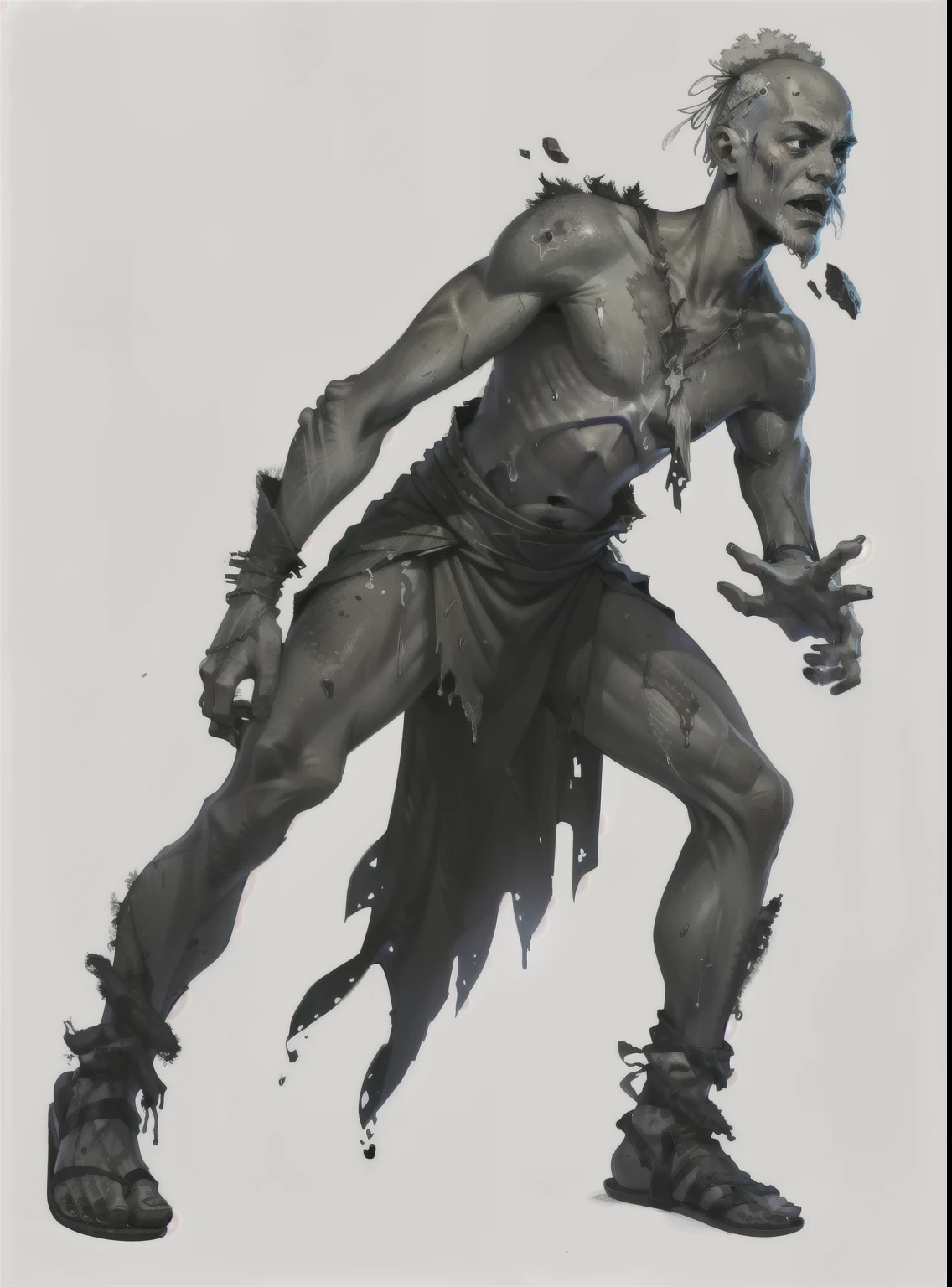 I want a character with a white background, png, Full body image, Desecrated, a man with patches of human parts all over his body, black fluids on his body, and rotten pieces falling from him, simple sandals and various parts, faces, pieces on his body