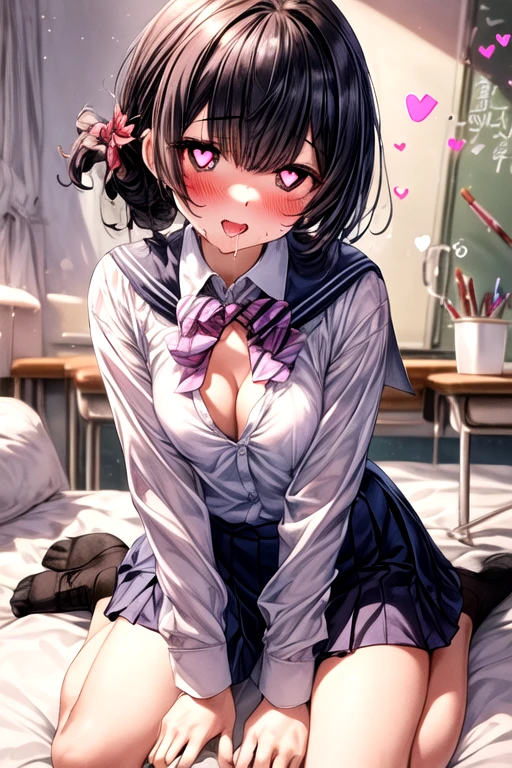 (masterpiece, Highest quality:1.2), 、alone, One Girl, Hypnosis、Infatuated、😍、School、blush, Open your mouth, Drooling、Looking up at the viewer, wariza,(Downward facing camera),((( Heart-shaped pupils))), Shortcuts、Black Hair, Small breasts、Modest cleavage、School制服、Unbuttoned white shirt