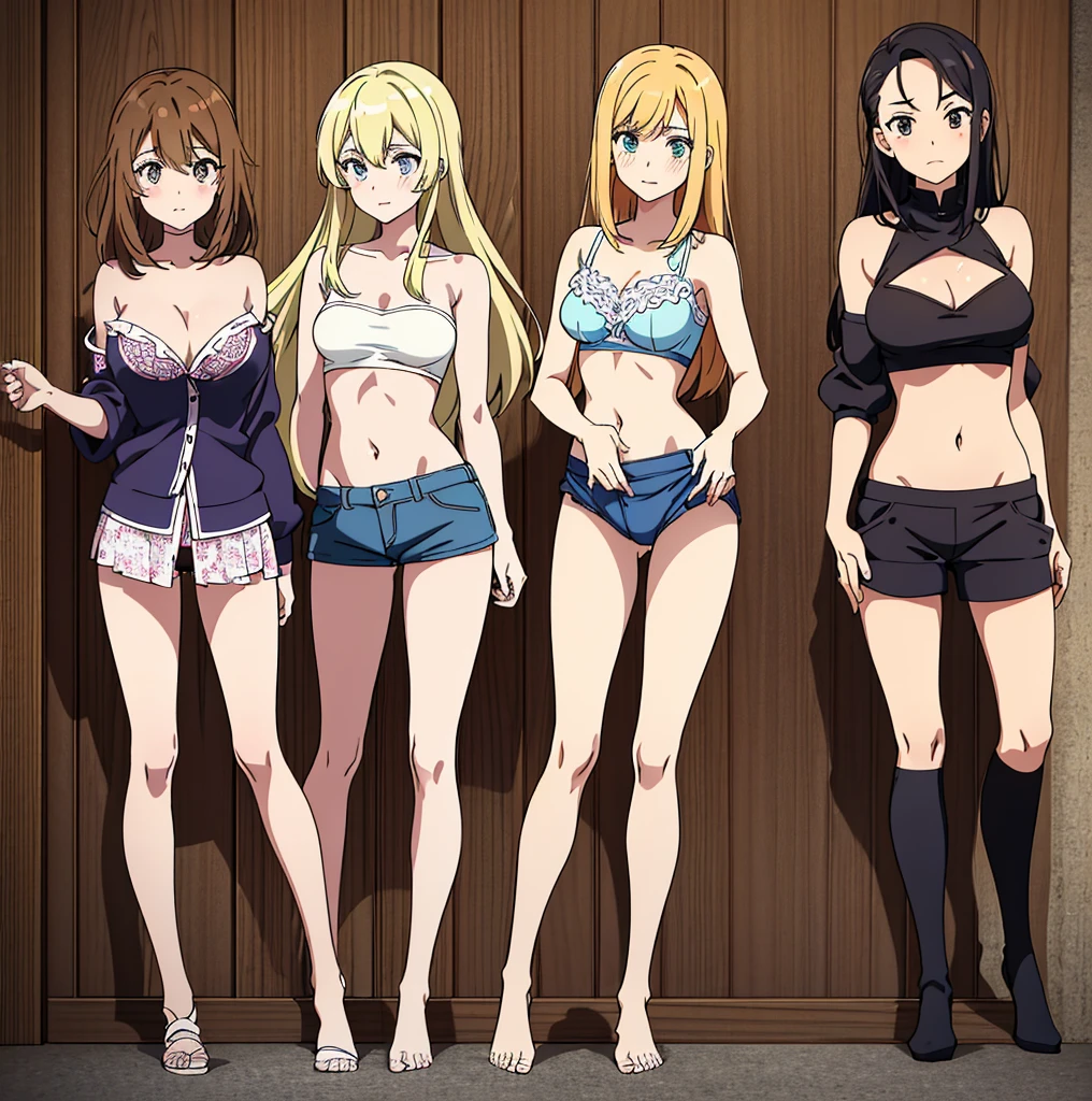 four pictures with different expressions in the same drawing style each shows one woman and two other girls, a few cartoon images of the same female character that i'm not sure what this is, a young girl touching her stomach and her breasts, a collection of sketches of several women, two pages show a woman in underwear next to another girl wearing a thongy panties