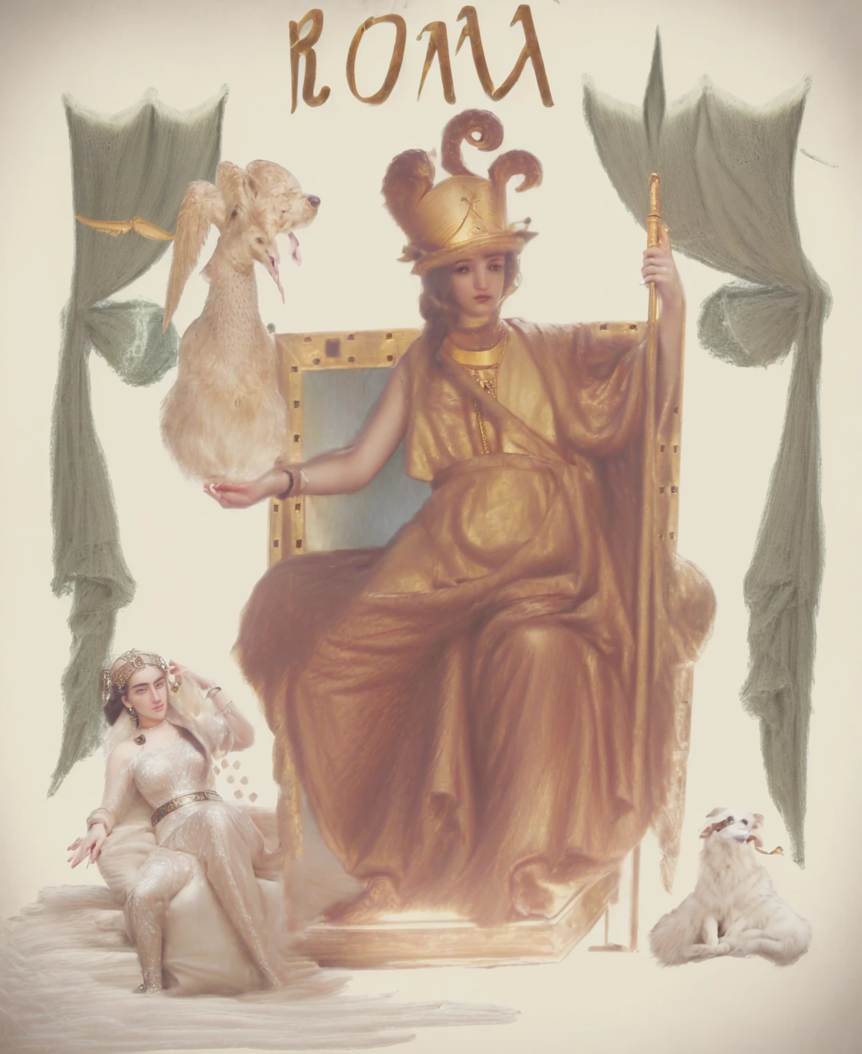 arafed drawing of a woman sitting on a throne with a dog, the greek goddess aphrotite, hermes trismegistus, the god athena, personification of greed, the god hermes, the justice tarot card, an alchemical art illustration, the god hephaestus, allegorical, hecate, the fool tarot illustration