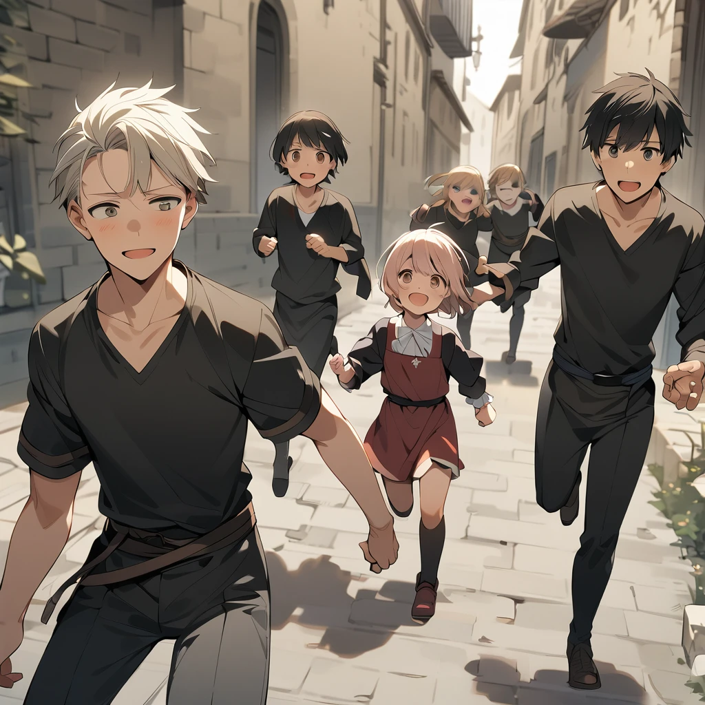 A boy with exhaustion, running with his life with his little sister in tow with a firm grip on her hand. While being chased by bandits, both with smiles of sadistic pleasure to kill with no remorse