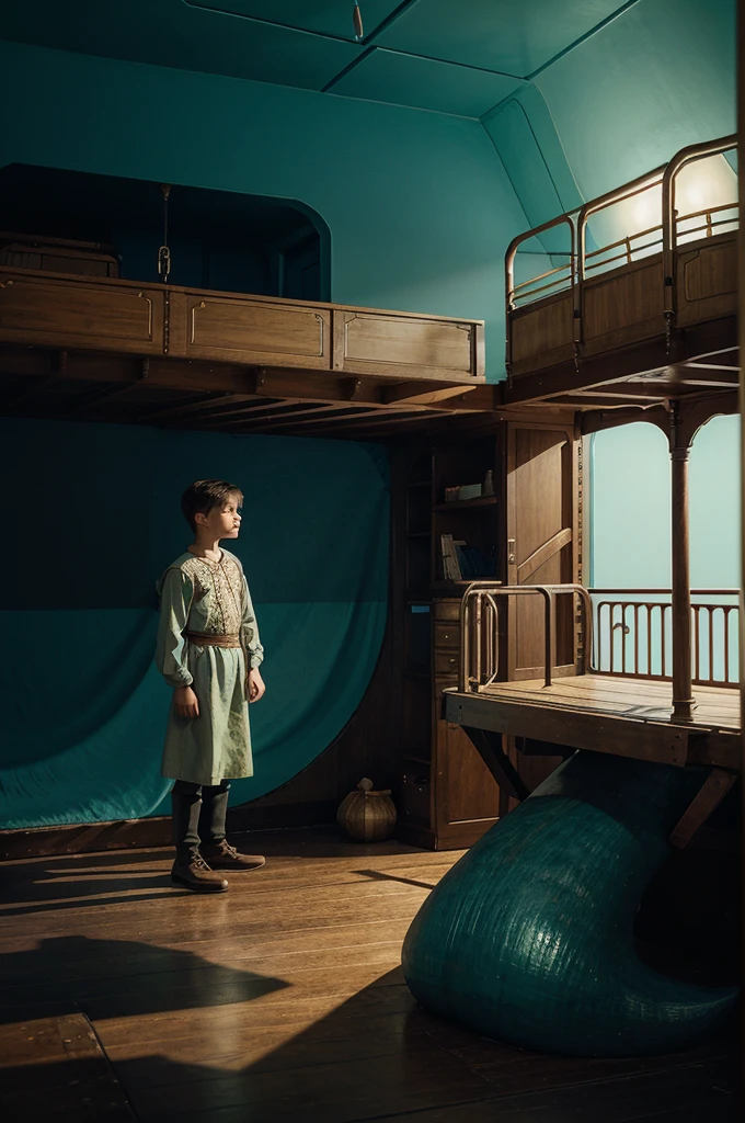 Illustration for a fairy tale about a boy, standing on the ship, who can talk with mermaids