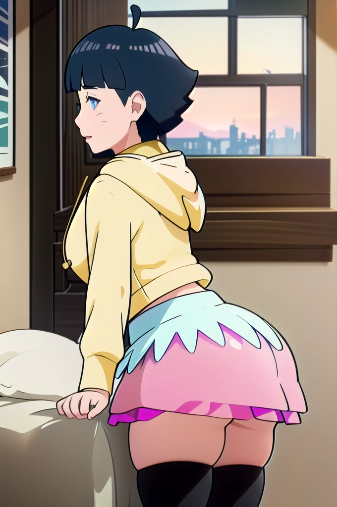 1girl, himawari, tight yellow hoodie, short pink skirt, tight black stockings, thick and juicy thighs, Huge ass, wide hips, indoors, masterpiece, best quality, detailed  
