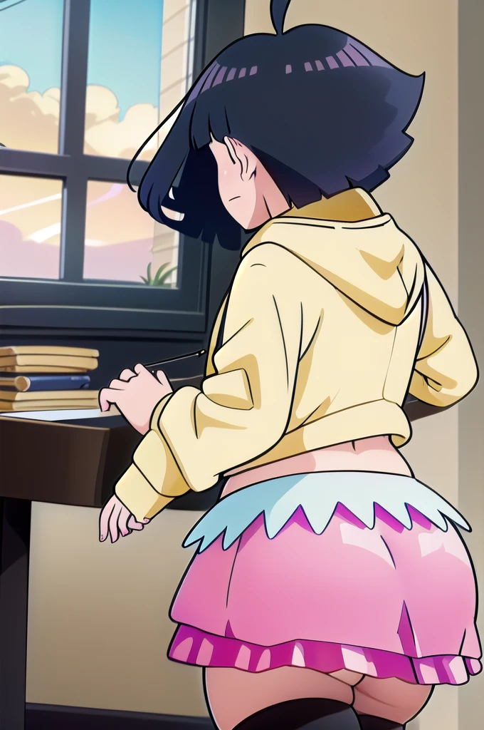1girl, himawari, tight yellow hoodie, short pink skirt, tight black stockings, thick and juicy thighs, Huge , wide hips, indoors, masterpiece, best quality, detailed