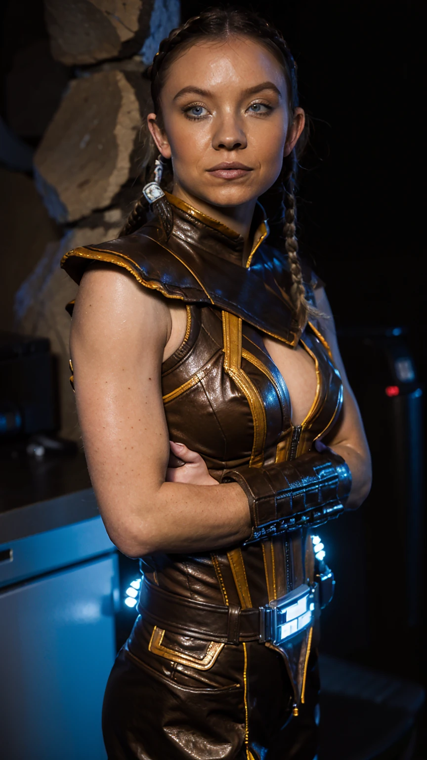 (masterpiece), (solo character), (best quality), (photorealistic 1.4), (EpicRealLife), (night time), (satele shan brown bodysuit), (satele shan brown leather costume), (arm bands), (SateleShan armor), (satele shan hairstyle), ( twin braided hair), (shoulder armor), bare shoulders, (sateleshan costume), (Sydney Sweeney), (blue eyes), (large breasts), (star wars scene), (in a canyon) (flashphoto), (flash photography), (close up), (photoshoot)