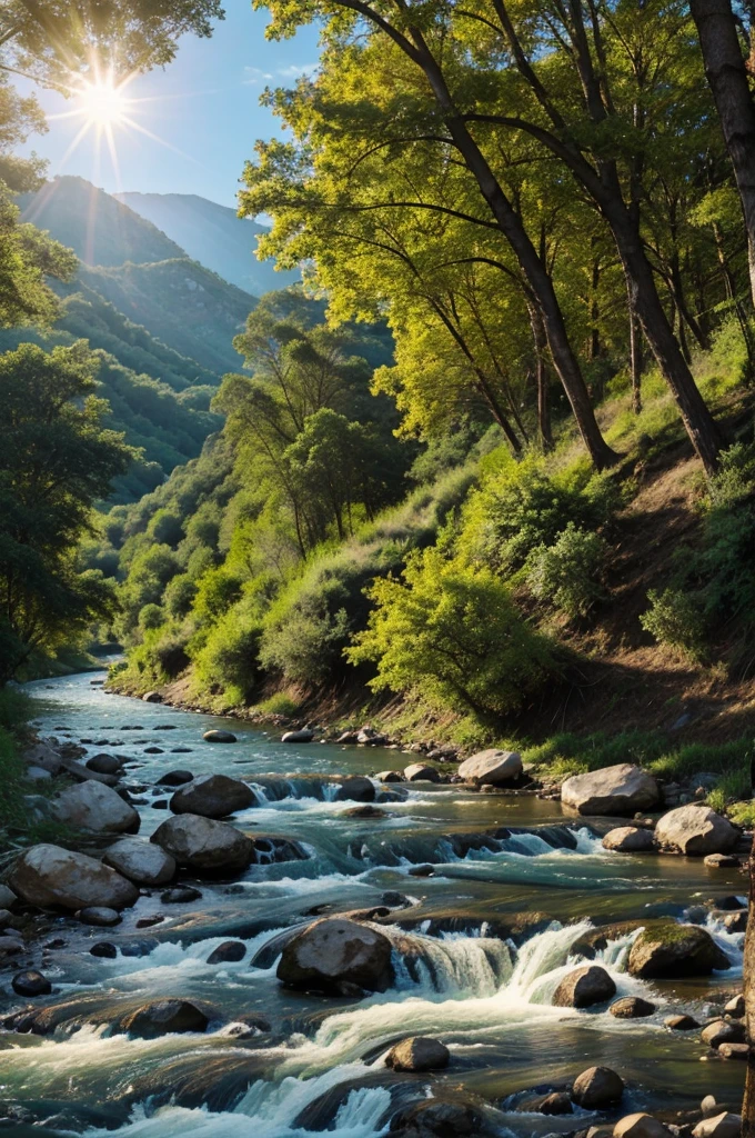 Hill terrain with river and sunshine and beauty nature