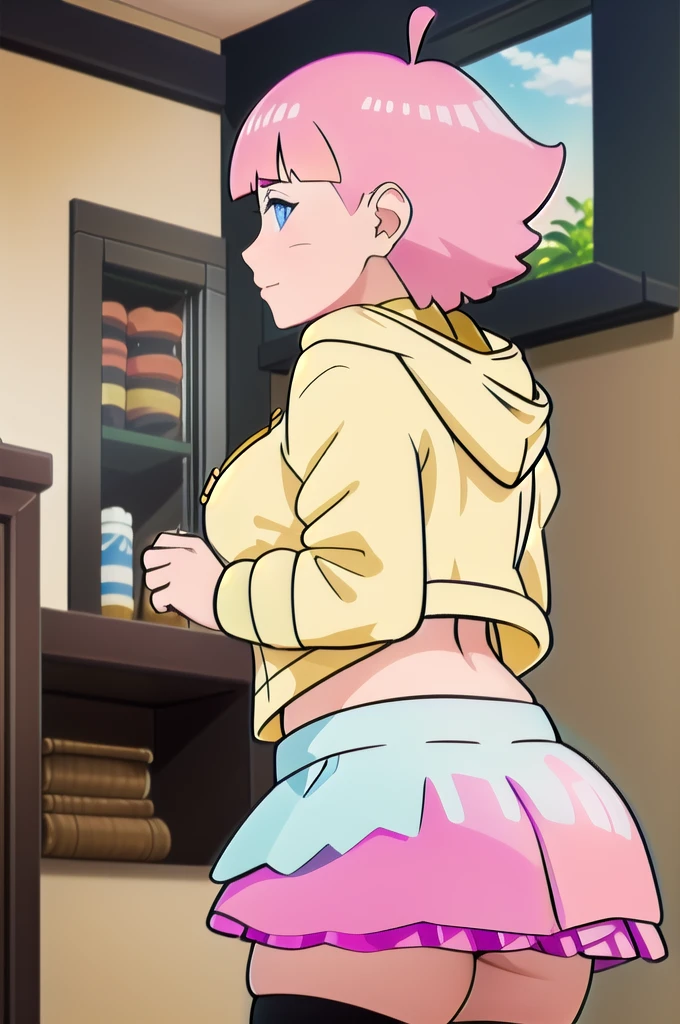 1girl, himawari, tight yellow hoodie, short pink skirt, tight black stockings, thick and juicy thighs, Huge ass, wide hips, indoors, masterpiece, best quality, detailed