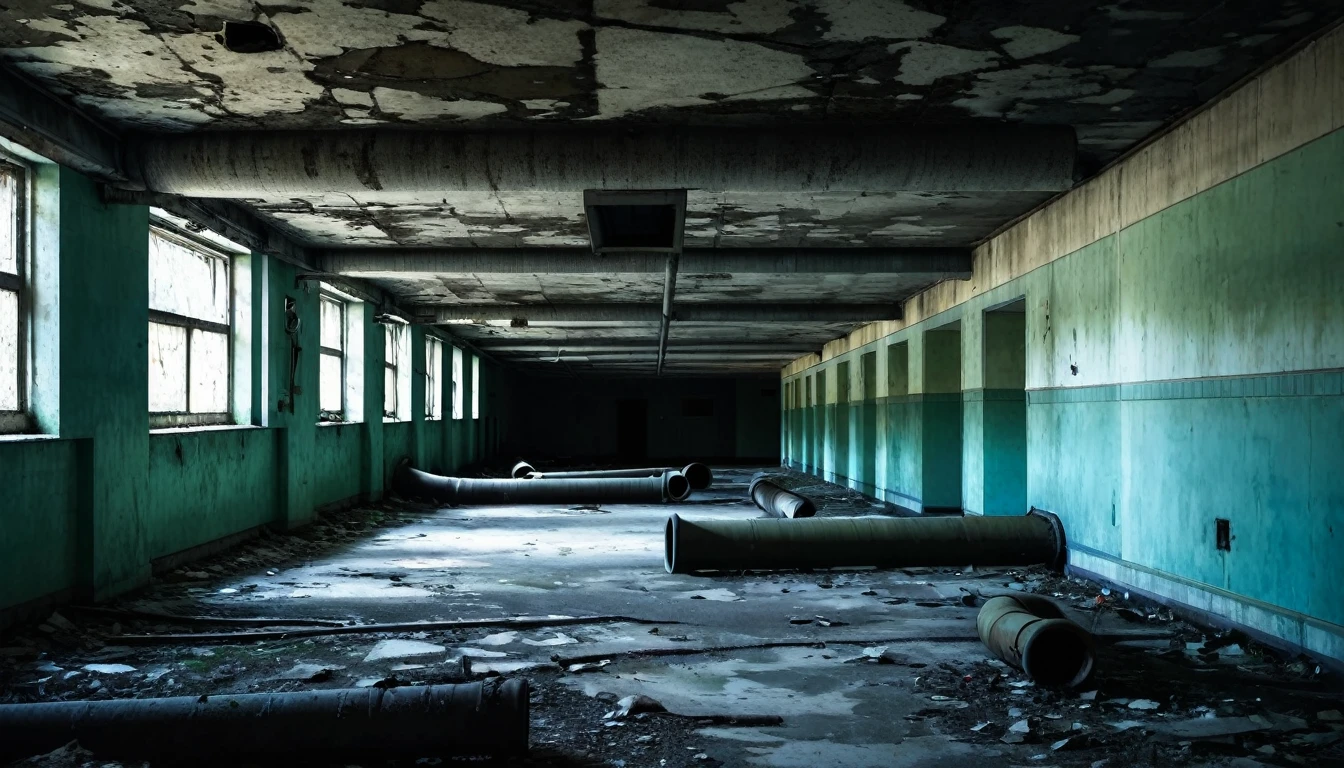 second floor of an abandoned hospital, rotting, concrete pipe on the ceiling, macabre, dark sinister environment
