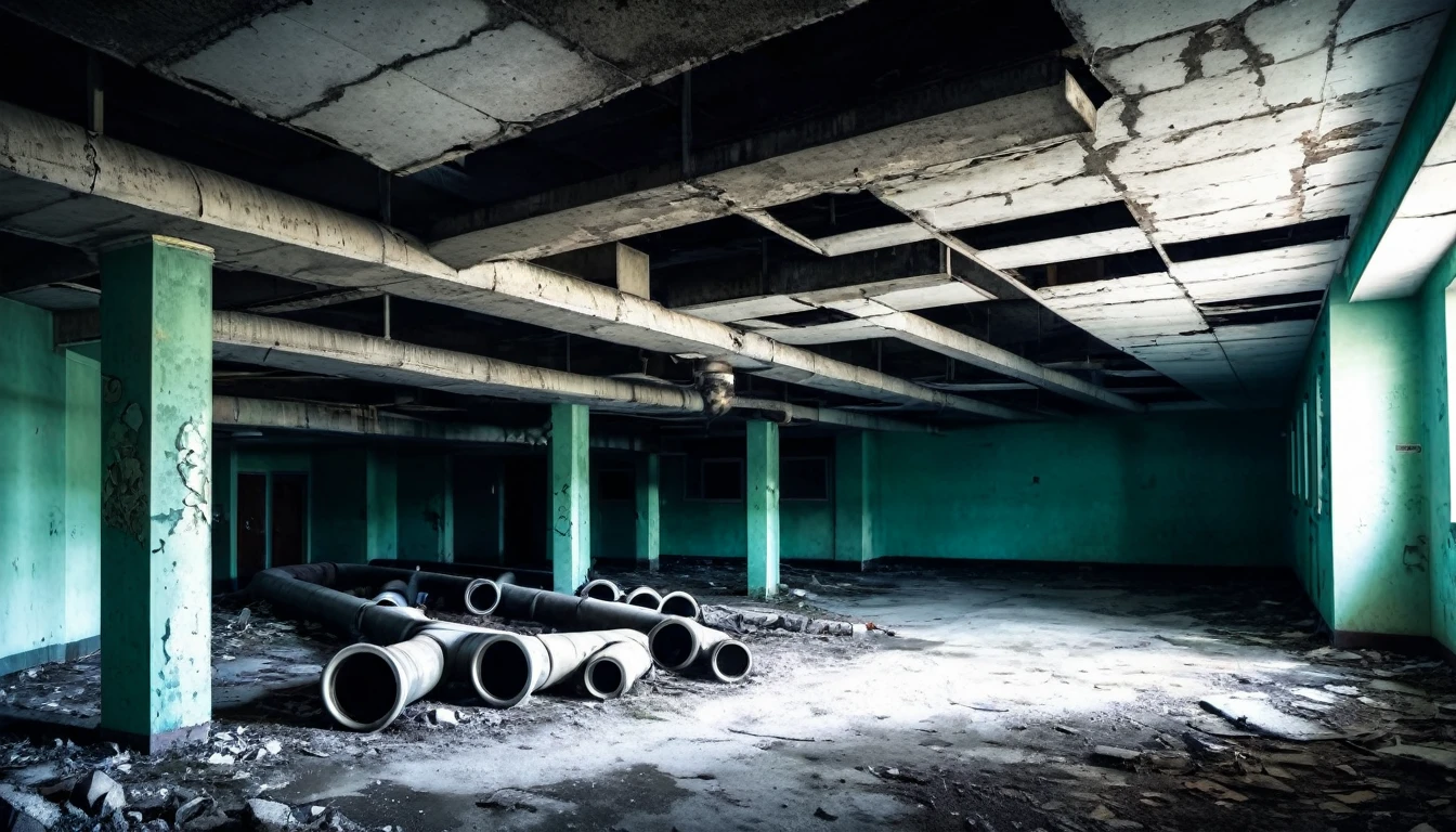 second floor of an abandoned hospital, rotting, concrete pipe on the ceiling, macabre, dark sinister environment