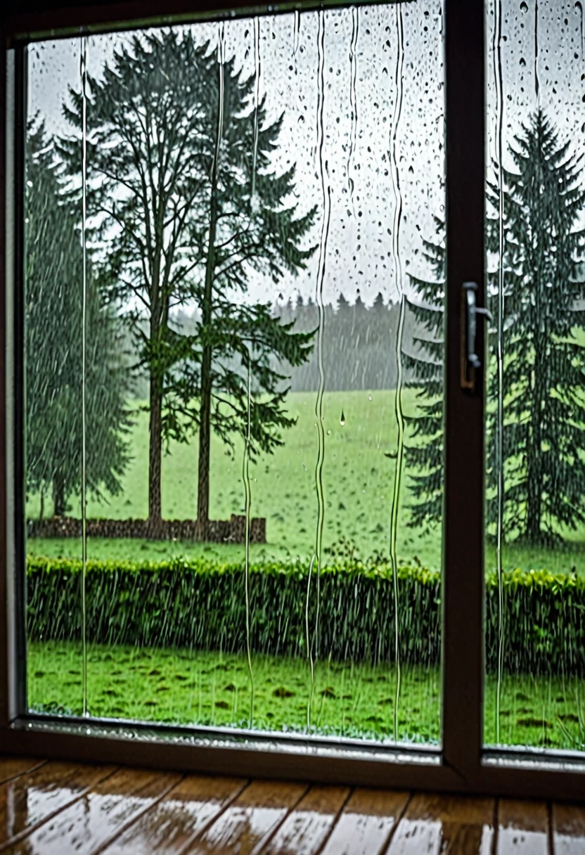 photo of a rainy day seen from the window with landscape towards the forest