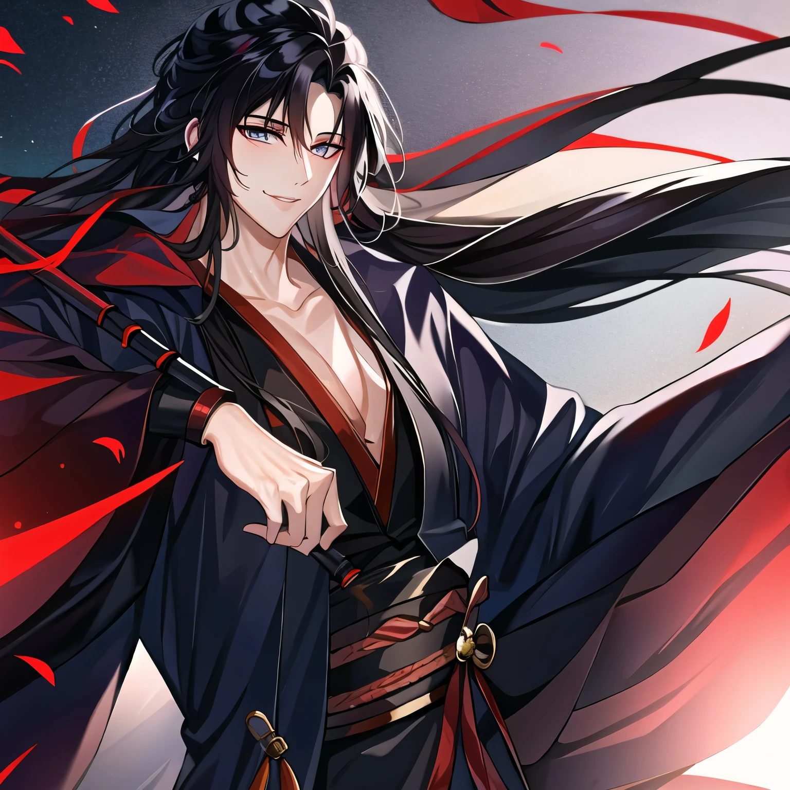 (masterpiece, best quality:1.2), 1male, solo, wei wuxian, mo dao zu shi, mdzs, black clothes, grey eyes, long black hair, perfect anatomy, smile