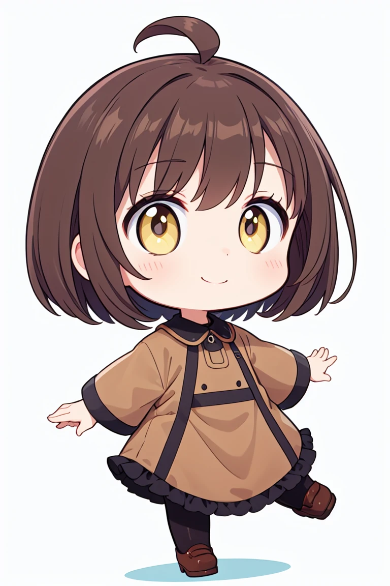 chibi, flat color, solo, full body, cute, (highest quality), brown colored hair, yellow eyes, Beautiful Eyes, smile, brown colored clothes, white background, (masterpiece)