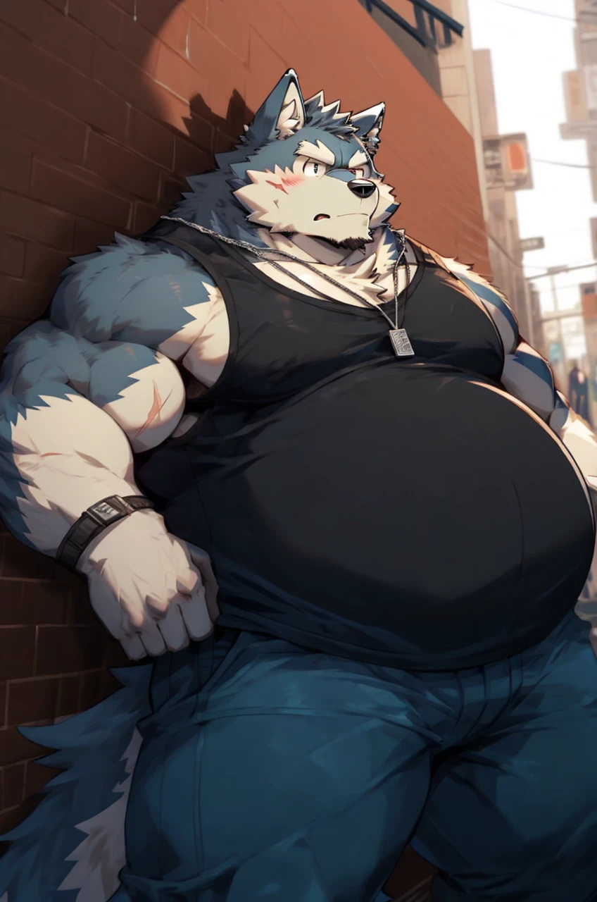 sketch of anthro overweight wolf with big round belly stands in an urban alleyway. serious expression is marked by a small scar on his cheek. He sports a black tank top, blue jeans, and a dog tag necklace, digital art, anime stylish style, kemono art, e621, pixiv, cartoonish