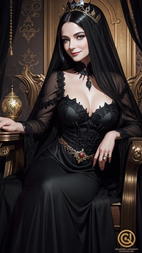 “An illustration of a 40-year-old queen wearing a black dress, with a malicious and mischievous smile, in the style of Grimm’s fairy tales. The overall atmosphere is eerie, and she is turning sideways while only her eyes are looking towards the viewer.”