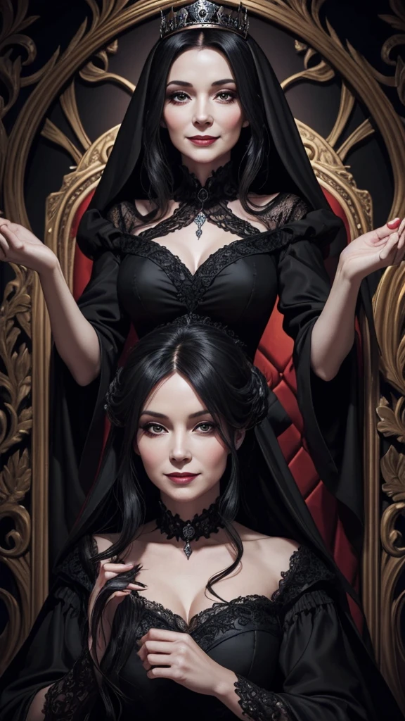 “An illustration of a 40-year-old queen wearing a black dress, with a malicious and mischievous smile, in the style of Grimm’s fairy tales. The overall atmosphere is eerie, and she is turning sideways while only her eyes are looking towards the viewer.”