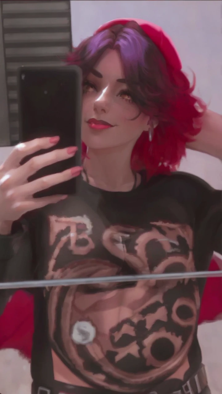 1 girl, standing, (solo), looking at viewer, highly detailed, fine eyes, smile,dynamic pose, 4K, 1girl, brown eyes,eyeshadow,black hair, baseball cap, crop top,leggings, black lips, black nails, eyeliner, fingerless gloves, lipstick,makeup,xyzruby, dynamic pose,Forest,(from below:1.0)