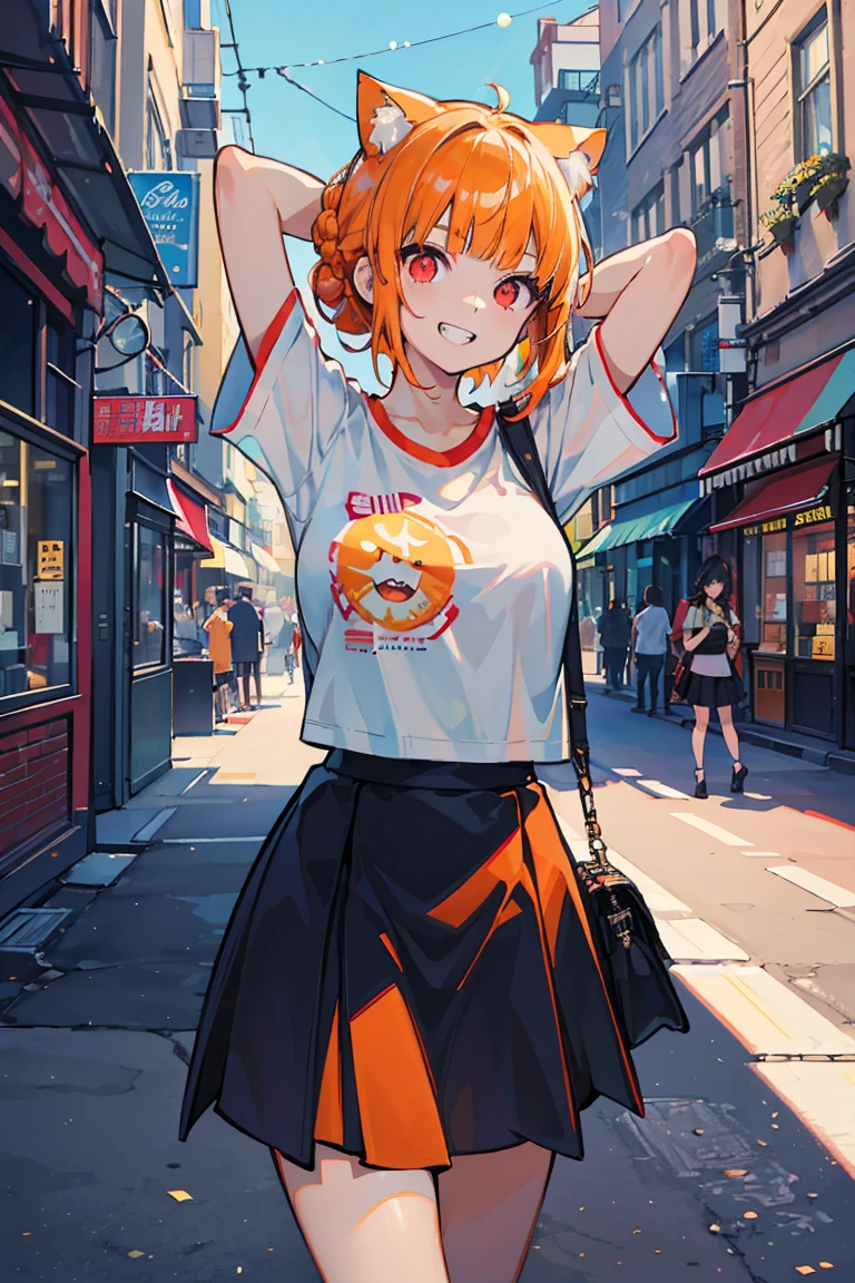 (1 daughter), (Nekomimi Girl), (super high quality), masterpiece, wild, beast, Casual Scene, (Place your hands behind your head), Relaxed atmosphere, She is wearing fashionable clothes, Stylish T-shirt and skirt,  The sun emits warm colors, Street atmosphere, urban environment. Perfect body, (E Cup:1.2), Grin, teeth, Fresh, (Asymmetrical bangs:1.3), Braided bun hair, short hair, Highly detailed face and eyes, (Orange Hair, Bright red eyes:1.2),cyber punk, sf, (Expose your shoulders), Digital Art, beautiful, Cinema Lighting, yusuke murata.tonality, Romanticism, modern art, Impressionism, reflected light, 8K, masterpiece, Advanced Details, Highest quality, Accurate anatomy