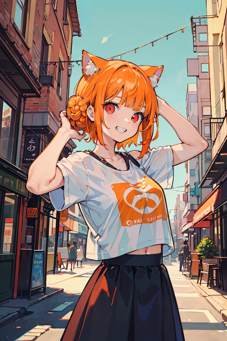 (1 daughter), (Nekomimi Girl), (super high quality), masterpiece, wild, beast, Casual Scene, (Place your hands behind your head), Relaxed atmosphere, She is wearing fashionable clothes, Stylish T-shirt and skirt, The sun emits warm colors, Street atmosphere, urban environment. Perfect body, (E Cup:1.2), Grin, teeth, Fresh, (Asymmetrical bangs:1.3), Braided bun hair, short hair, Highly detailed face and eyes, (Orange Hair, Bright red eyes:1.2),cyber punk, sf, (Expose your shoulders), Digital Art, beautiful, Cinema Lighting, yusuke murata.tonality, Romanticism, modern art, Impressionism, reflected light, 8K, masterpiece, Advanced Details, Highest quality, Accurate ???????