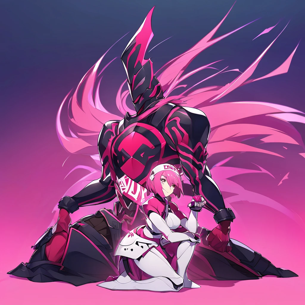 Full body image, woman, muscular body, short white curvy hair, sit pose, armor demoniac, black and pink, night and beach background , shining pink, persona 3 style, Japanese writing on the edges with Shangri-La written on the top.