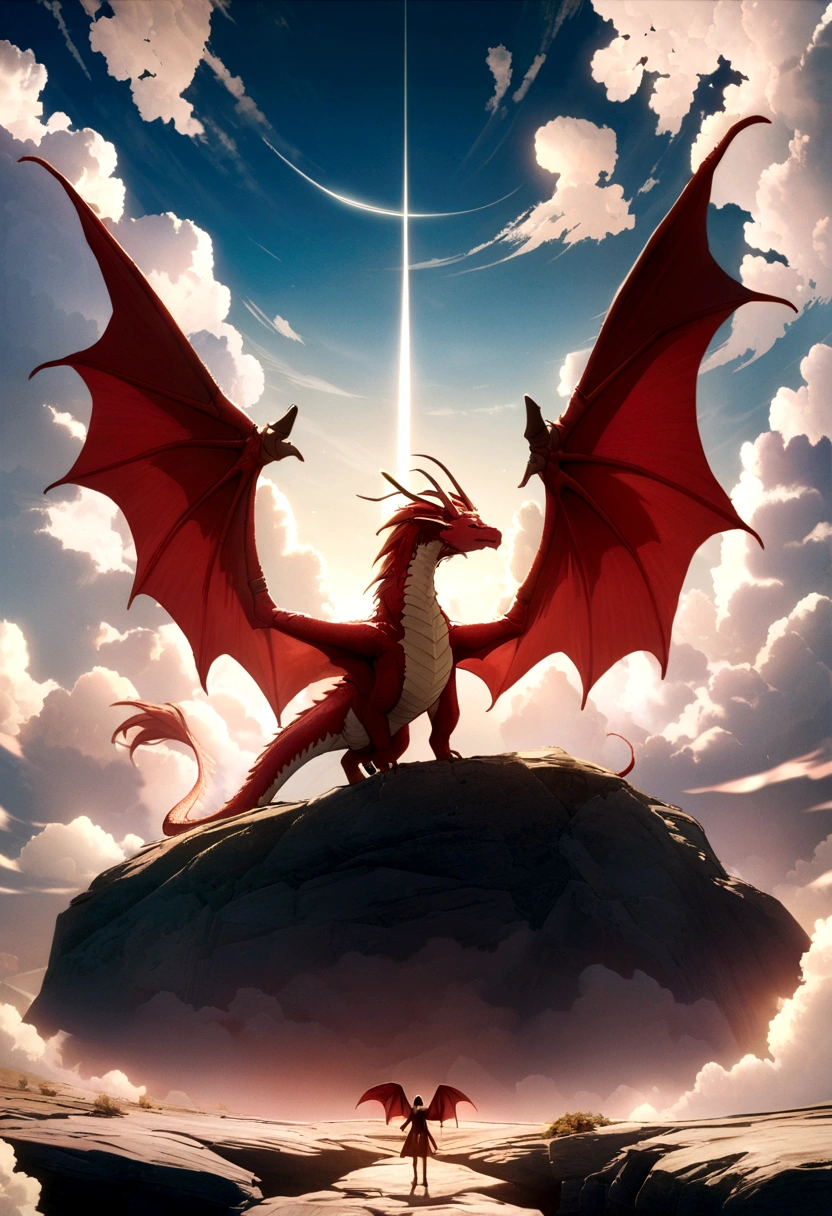 Best quality, 8 k, mythical red (((the Dragon))) with large wings, flies in a clear sky towards the sun, scene with clouds, PC Wallpaper, грозный the Dragon, фэнтези the Dragon