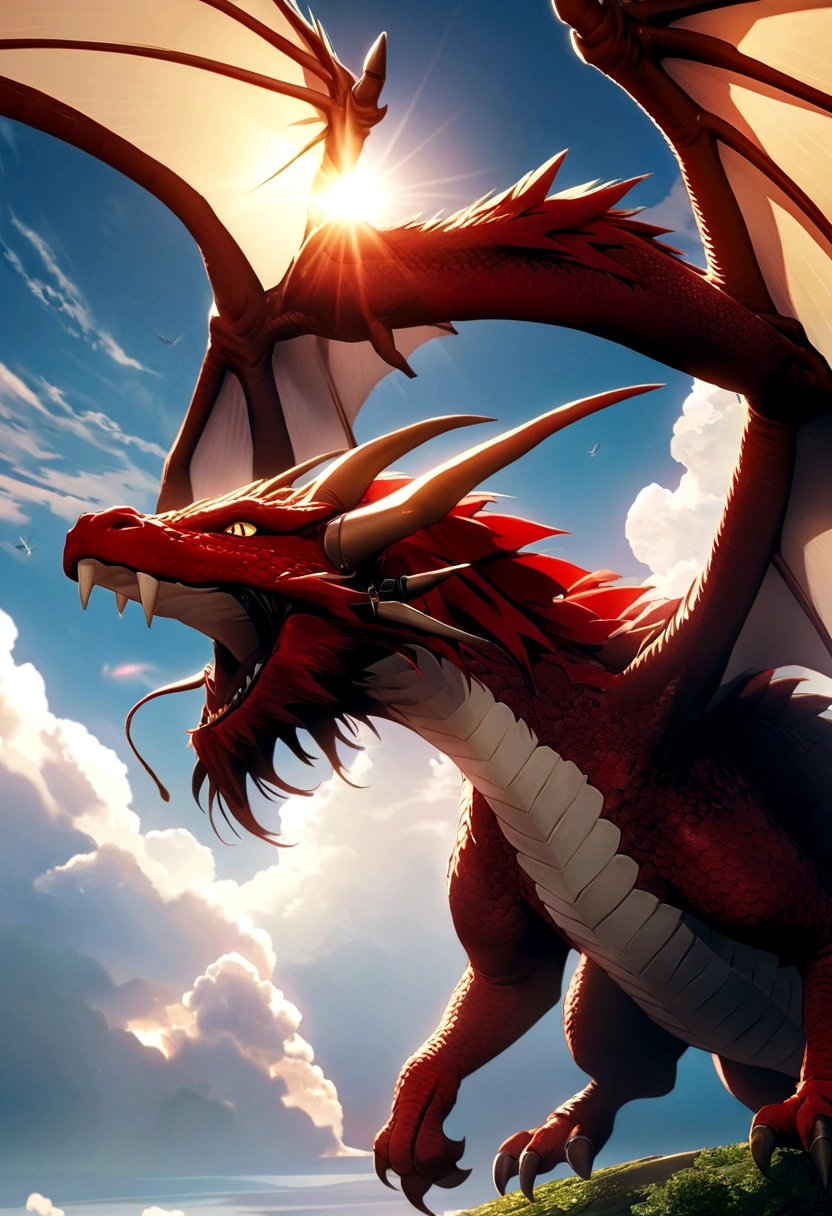 Best quality, 8 k, mythical red (((the Dragon))) with large wings, flies in a clear sky towards the sun, scene with clouds, PC Wallpaper, грозный the Dragon, фэнтези the Dragon