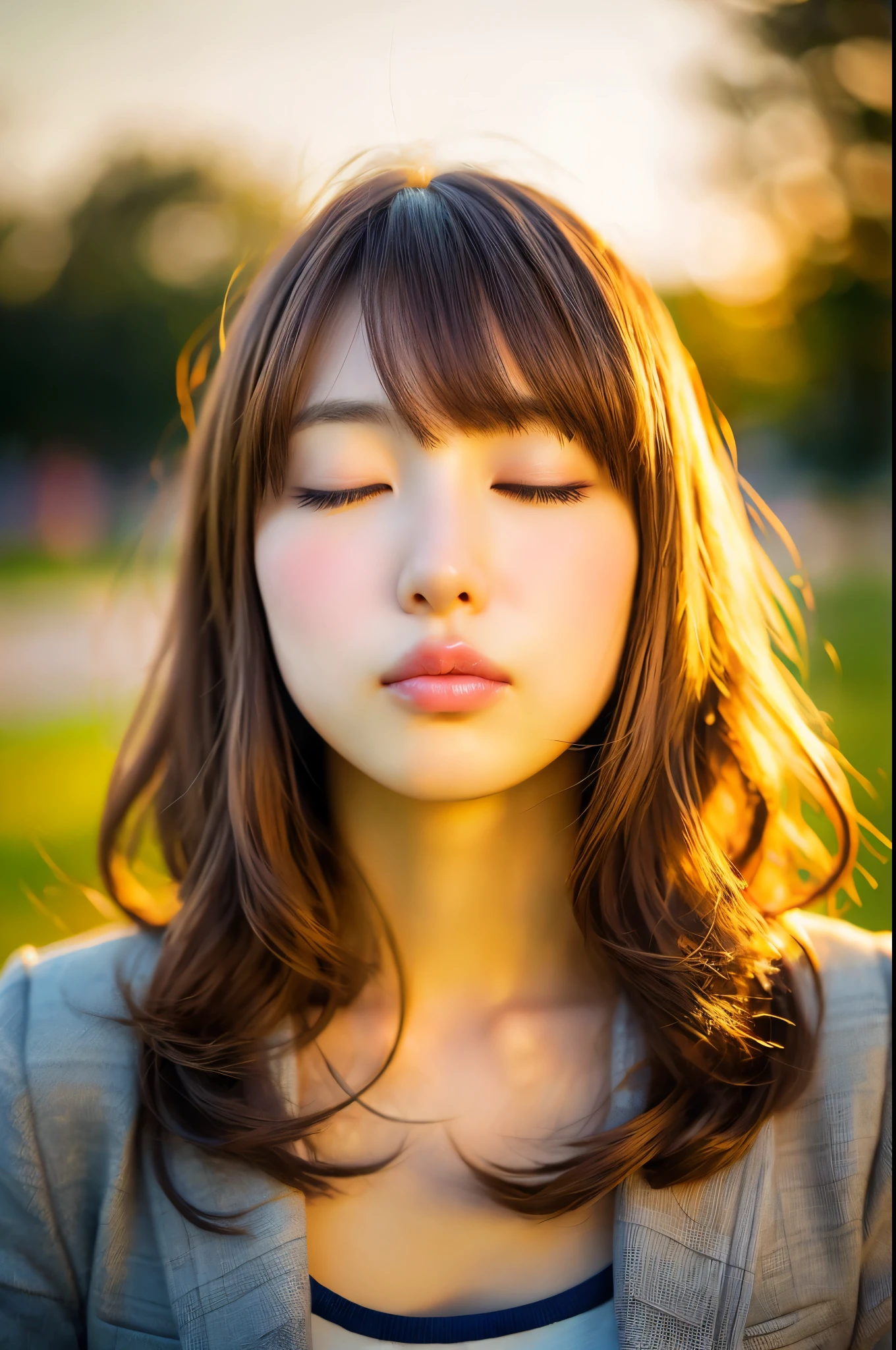 25 years old, Japanese, cute, female, medium length, brown hair, stylish fashion, eyes closed, mouth slightly pouted, lips soft, face slightly blushed, chin tilted up, natural kissing face. Her portrait photo captured from a frontal, top angle, clear. Background is blurry evening park, soft sunlight. Best quality, high resolution, realistic.
