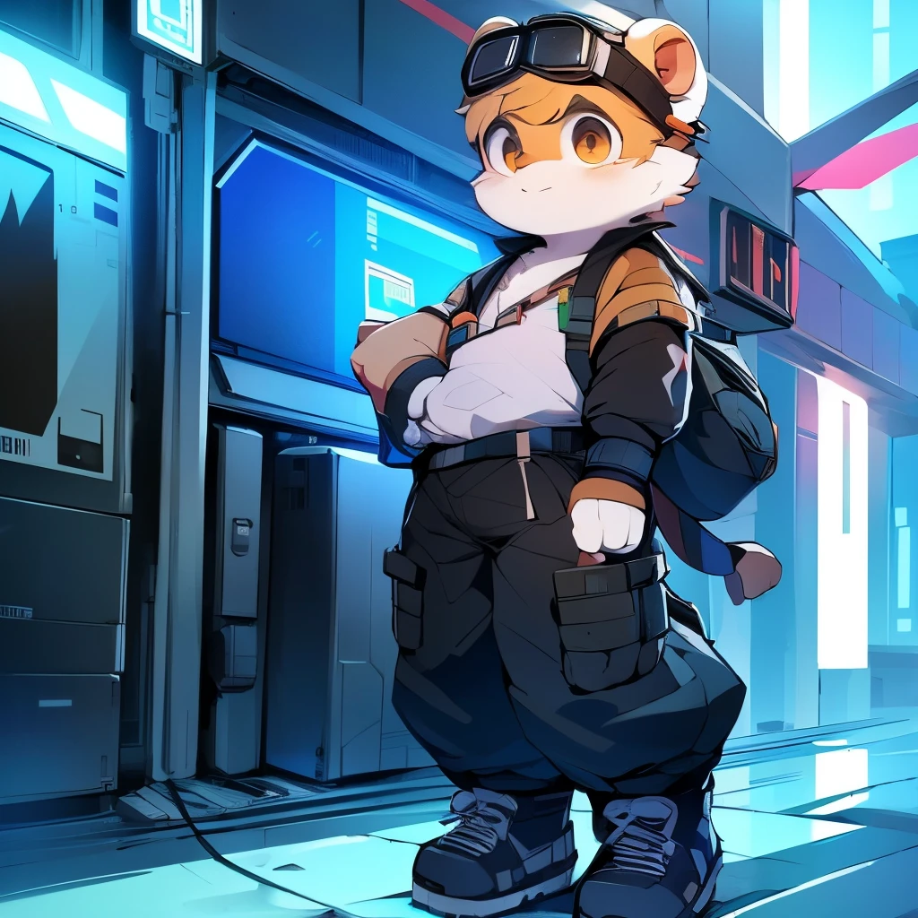 boy，Male sea lion，Cyberpunk style，whole body，Pushed down from a height，young，cute，Q version，short，Slightly fat，Wear combat uniforms，wearing sportshoes，With goggles，Slightly enlarged head。