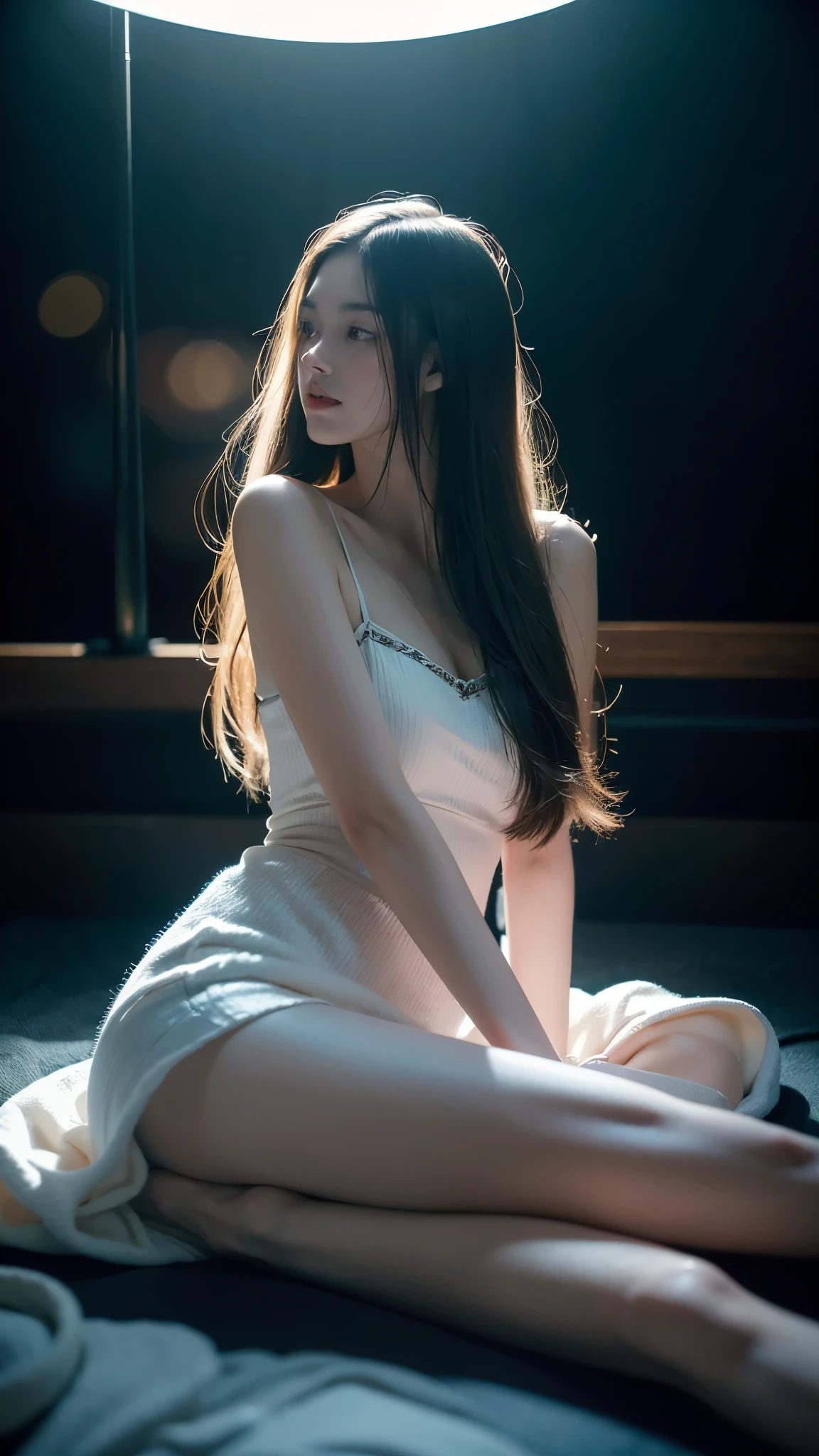 ((For the world,You may be alone,But for someone,You could be the whole world, paradox, Adrian Genius, Jenny Savile, Edward Hope, The Dark Arts of James Jean, Takato Yamamoto)),(RAW photos, best quality), ((Nostalgia,1980s Style)),(A girl with a literary atmosphere:1.2),(Practical, photo-Practical:1.3), Extremely refined, Astonishing, Fine details, masterpiece, Extremely detailed, high resolution,Best Illustration Award, The best shadow,complex,Depth of Field,1 Girl,(Long legs:1.4),Long hair,Messy hair,((((Low profile,Dark scenes,Dark)))),fat,(((Soft lighting:1.4))),(Pale skin:1.4),(Shy laugh),(angle),Clear focus, Volumetric Fog, 8K Ultra HD, Digital SLR Camera, high quality,( Film Grain:1.4), Fuji XT3,(Looking at the audience)