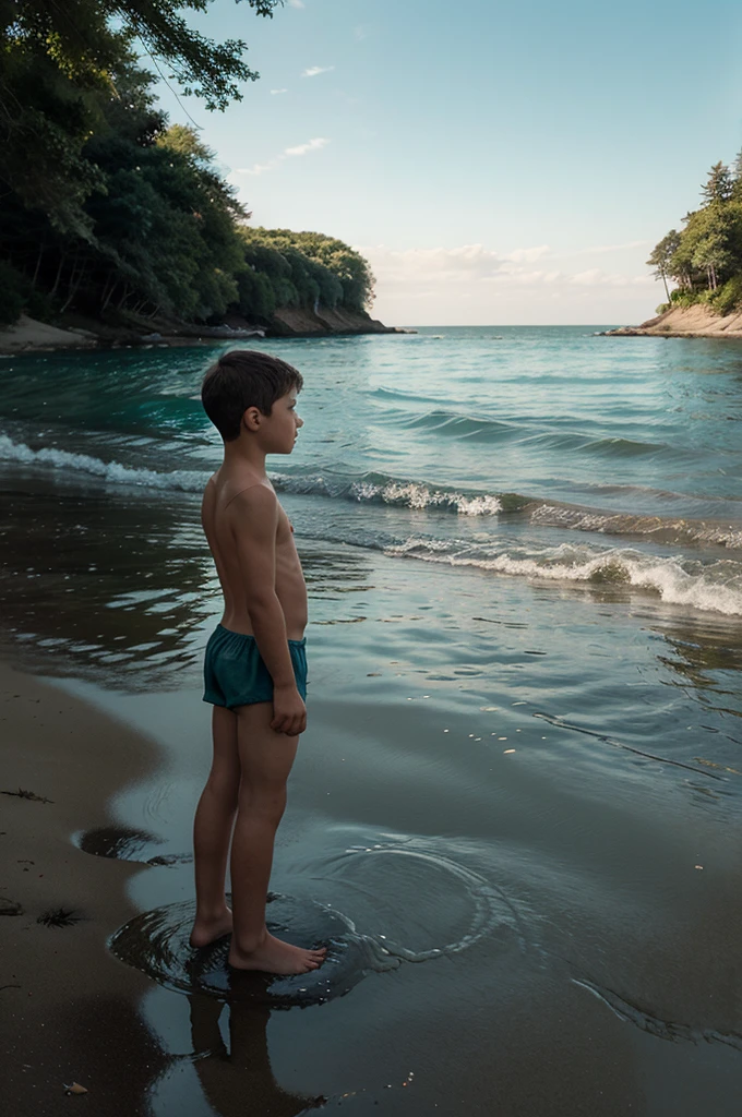 Illustration for a fairy tale about a boy, standing on the shore, who can talk with mermaids