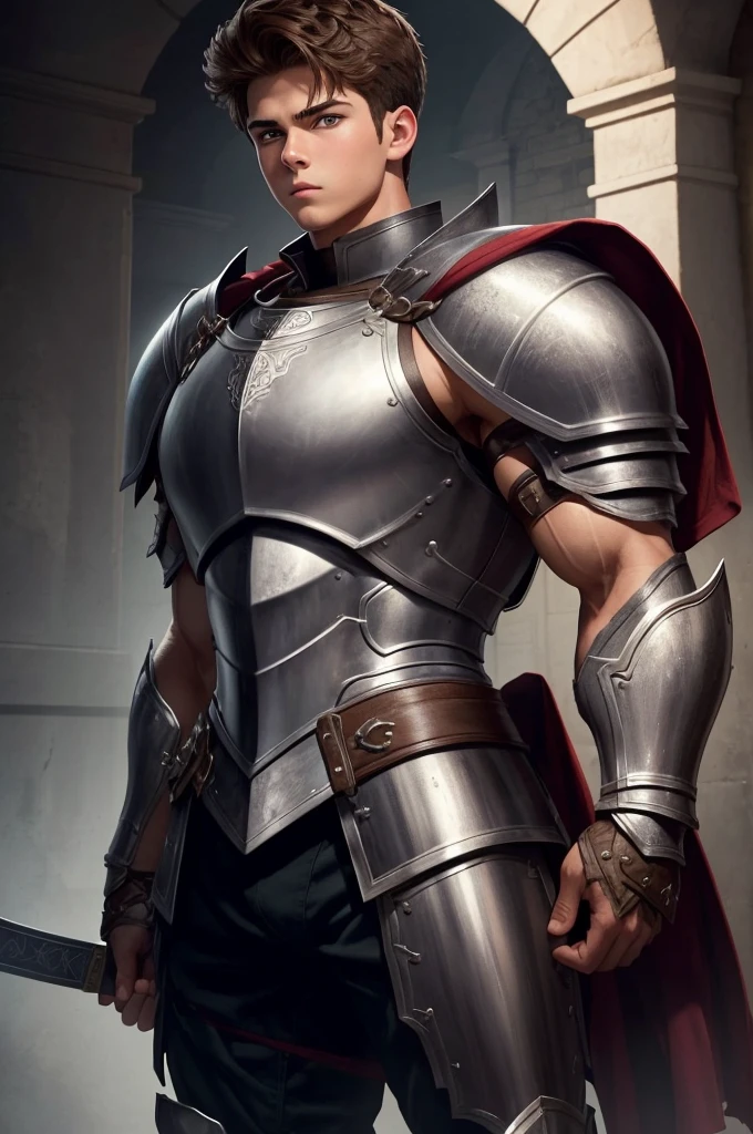 A jacked 12 year old teenage boy. He is covered in full knight armor and holds a sword.  Very muscular.  Hulking upper body with wide shoulders and a very thin waist (28 inch waist). Massive chest with massive, muscular, giant, plump biceps and plump triceps.  Fully armored. White, German ethnicity, and styled brown hair. Extremely handsome young boy with beautiful eyes.