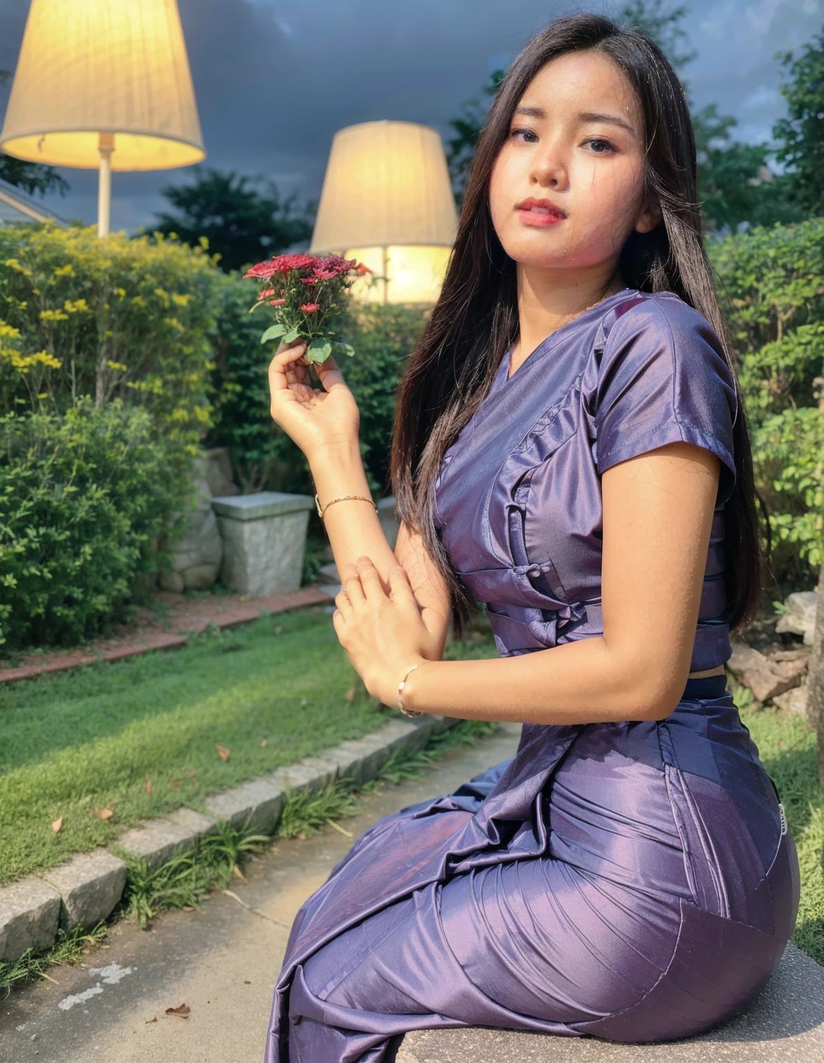 (8k, RAW photo, best quality, masterpiece:1.2), (realistic, photo-realistic:1.37),1girl, pretty lady MoonLay, cityscape, night, rain, wet, professional lighting, photon mapping, radiosity, (wearing Myanmar traditional elegant and stylish affair, blue shirt, red satin long skirt, high heel, cinematic enhance HDR portrait glow lighting, smooth face, dark HD makeup, red glossy lips, perfect anatomy, cannon mark v, DSLR quality, perfect anatomy